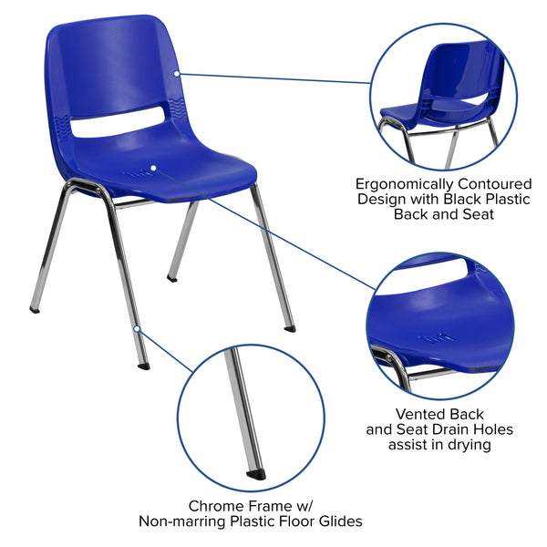 Navy Plastic/Chrome Frame |#| 661 lb. Capacity Navy Ergonomic Shell Stack Chair w/Chrome Frame-16inch Seat Height