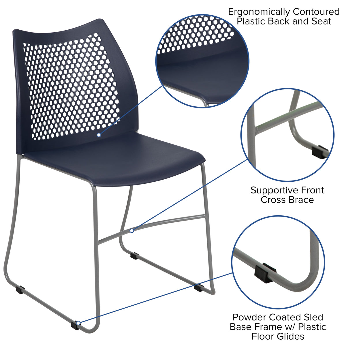 Navy |#| Home and Office Navy Sled Base Stack Chair with Air-Vent Back - Guest Chair