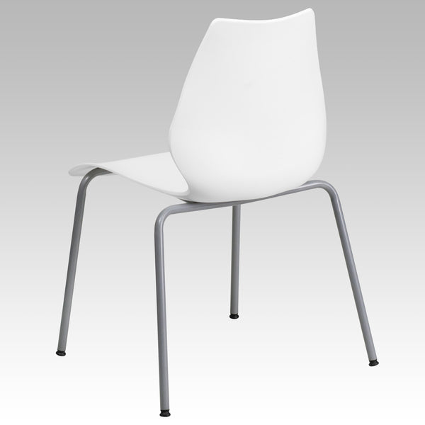 White |#| 770 lb. Capacity White Stack Chair with Lumbar Support and Silver Frame