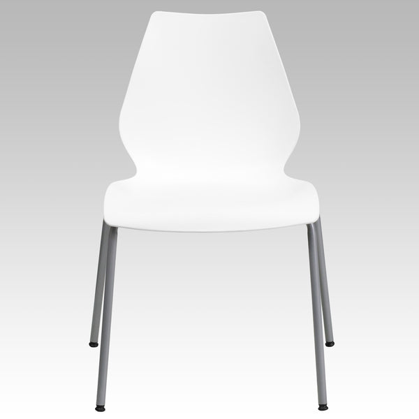 White |#| 770 lb. Capacity White Stack Chair with Lumbar Support and Silver Frame