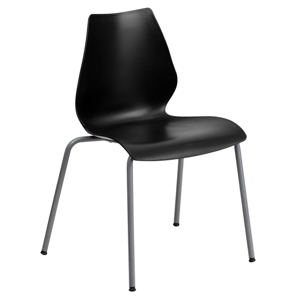 Black |#| 770 lb. Capacity Black Stack Chair with Lumbar Support and Silver Frame