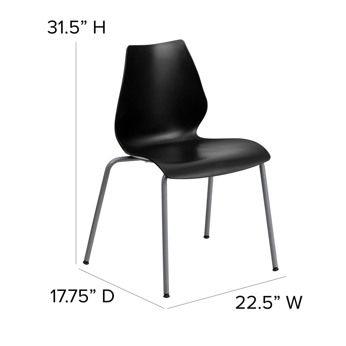 Black |#| 770 lb. Capacity Black Stack Chair with Lumbar Support and Silver Frame