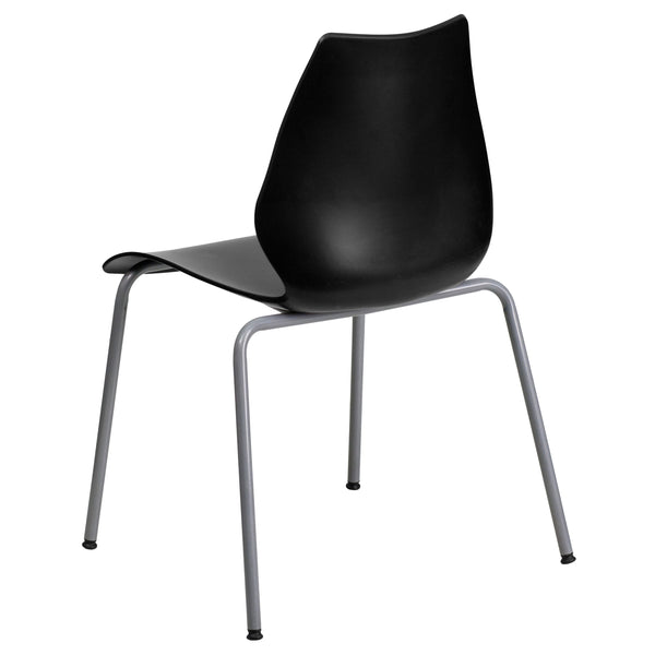 Black |#| 770 lb. Capacity Black Stack Chair with Lumbar Support and Silver Frame