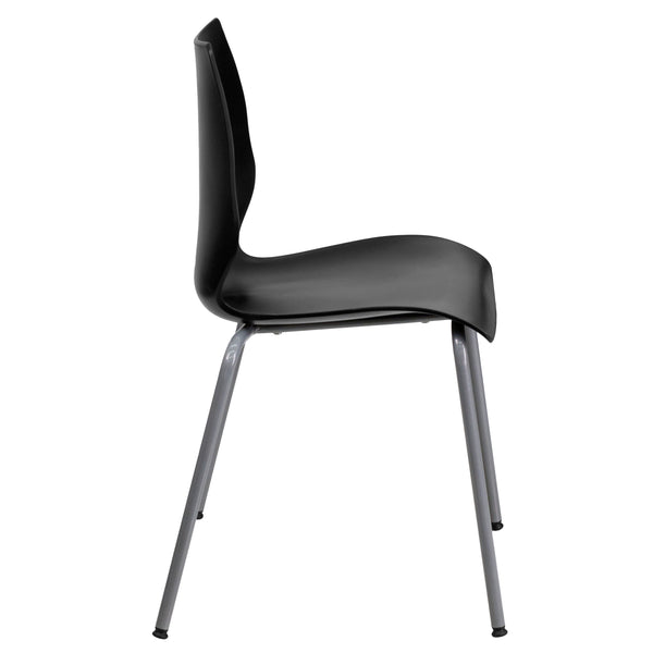 Black |#| 770 lb. Capacity Black Stack Chair with Lumbar Support and Silver Frame