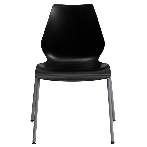 Black |#| 770 lb. Capacity Black Stack Chair with Lumbar Support and Silver Frame