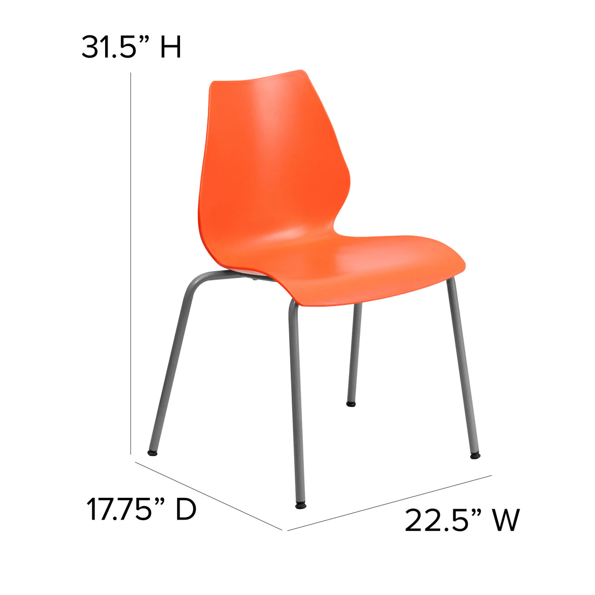 Orange |#| 770 lb. Capacity Orange Stack Chair with Lumbar Support and Silver Frame