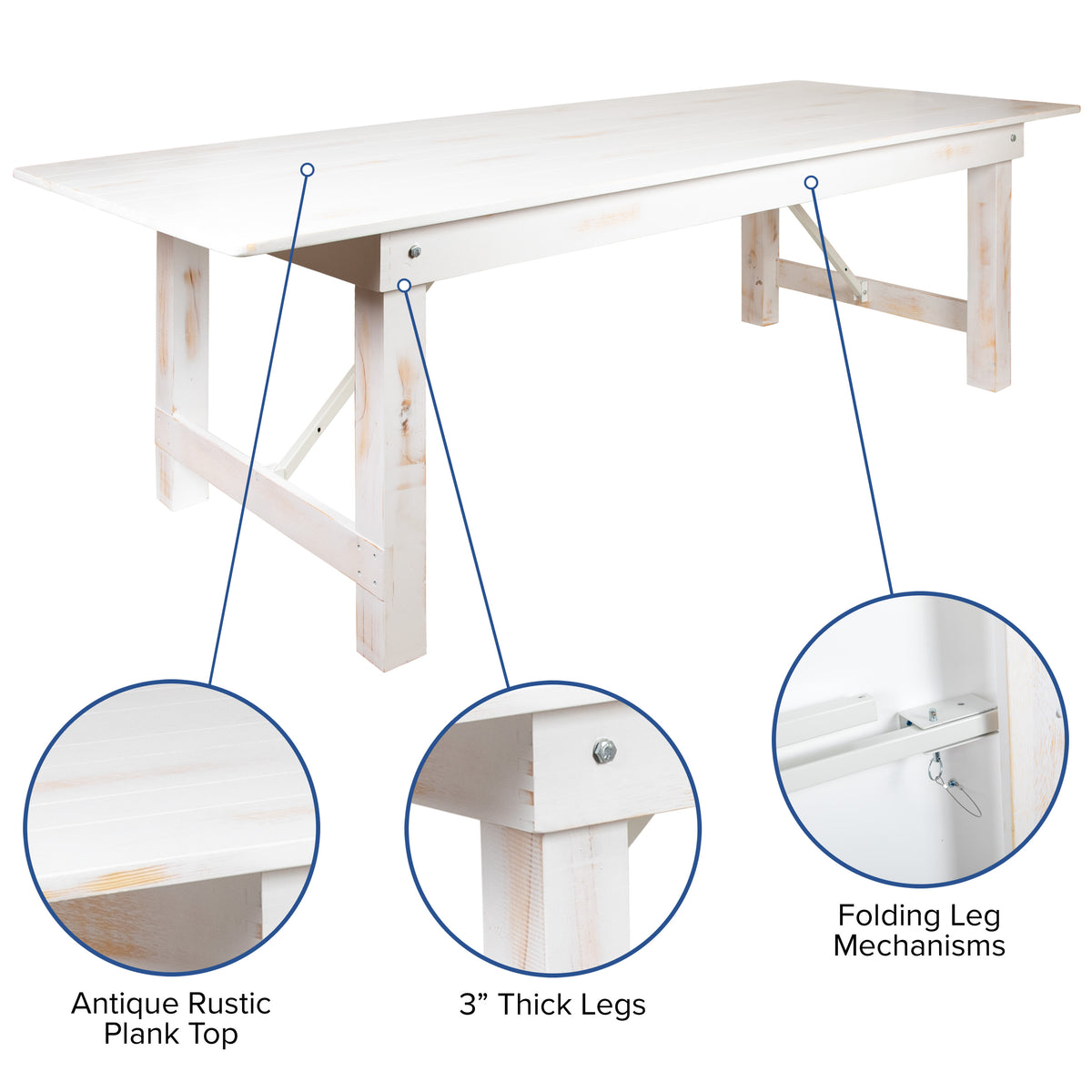 Antique Rustic White |#| 7' x 40inch Rectangular Antique Rustic White Solid Pine Folding Farm Table