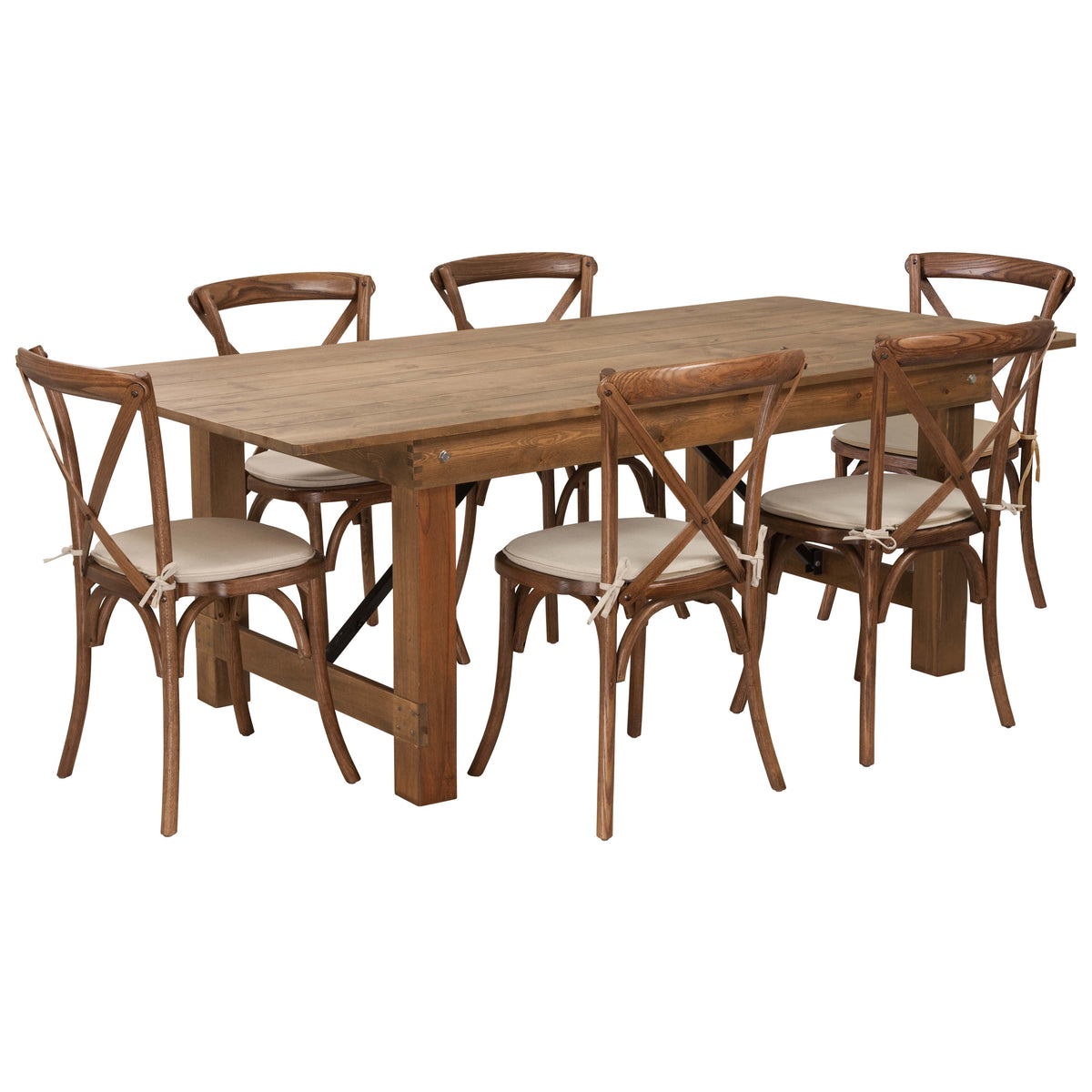 7' x 40inch Rustic Folding Farm Table Set with 6 Cross Back Chairs and Cushions