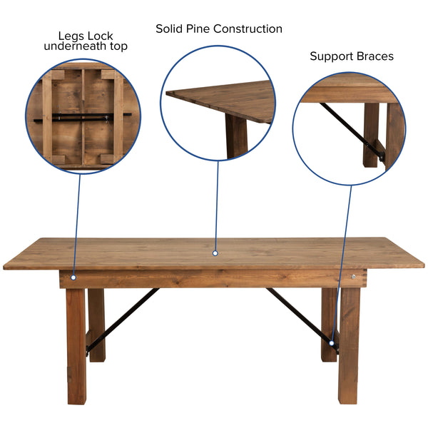 7' x 40inch Rustic Folding Farm Table Set with 6 Cross Back Chairs and Cushions