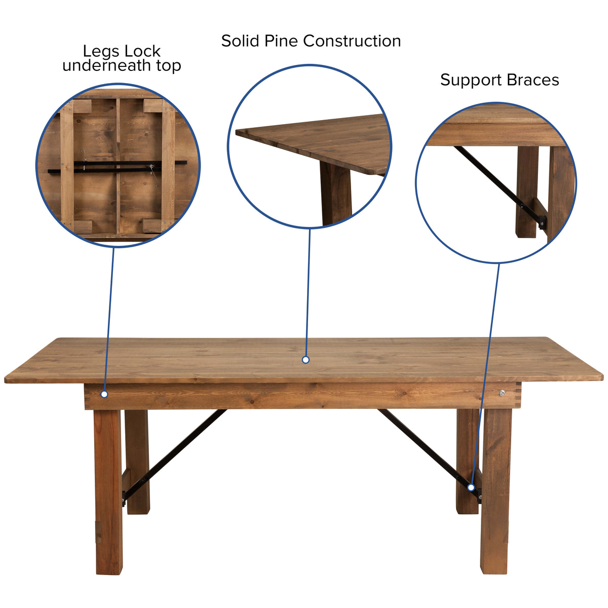 7' x 40inch Rustic Folding Farm Table Set with 8 Cross Back Chairs and Cushions