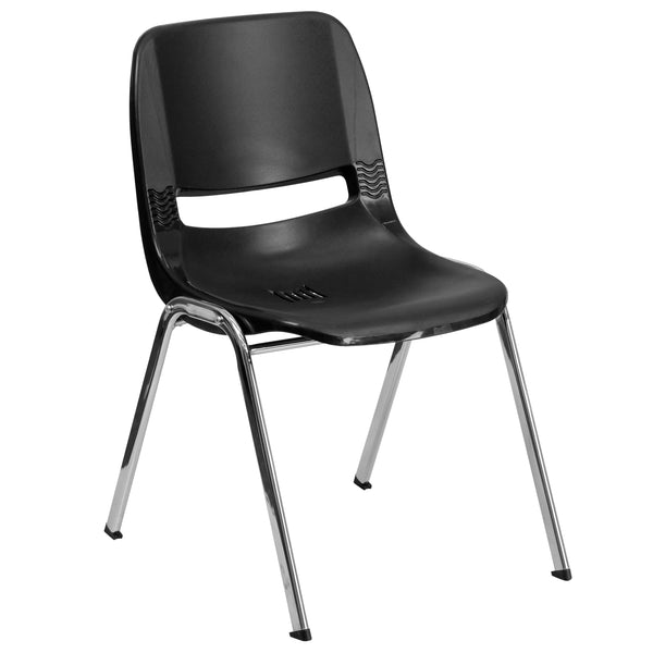 Black Plastic/Chrome Frame |#| 880 lb. Capacity Black Shell Stack Chair with Chrome Frame and 18inch Seat Height
