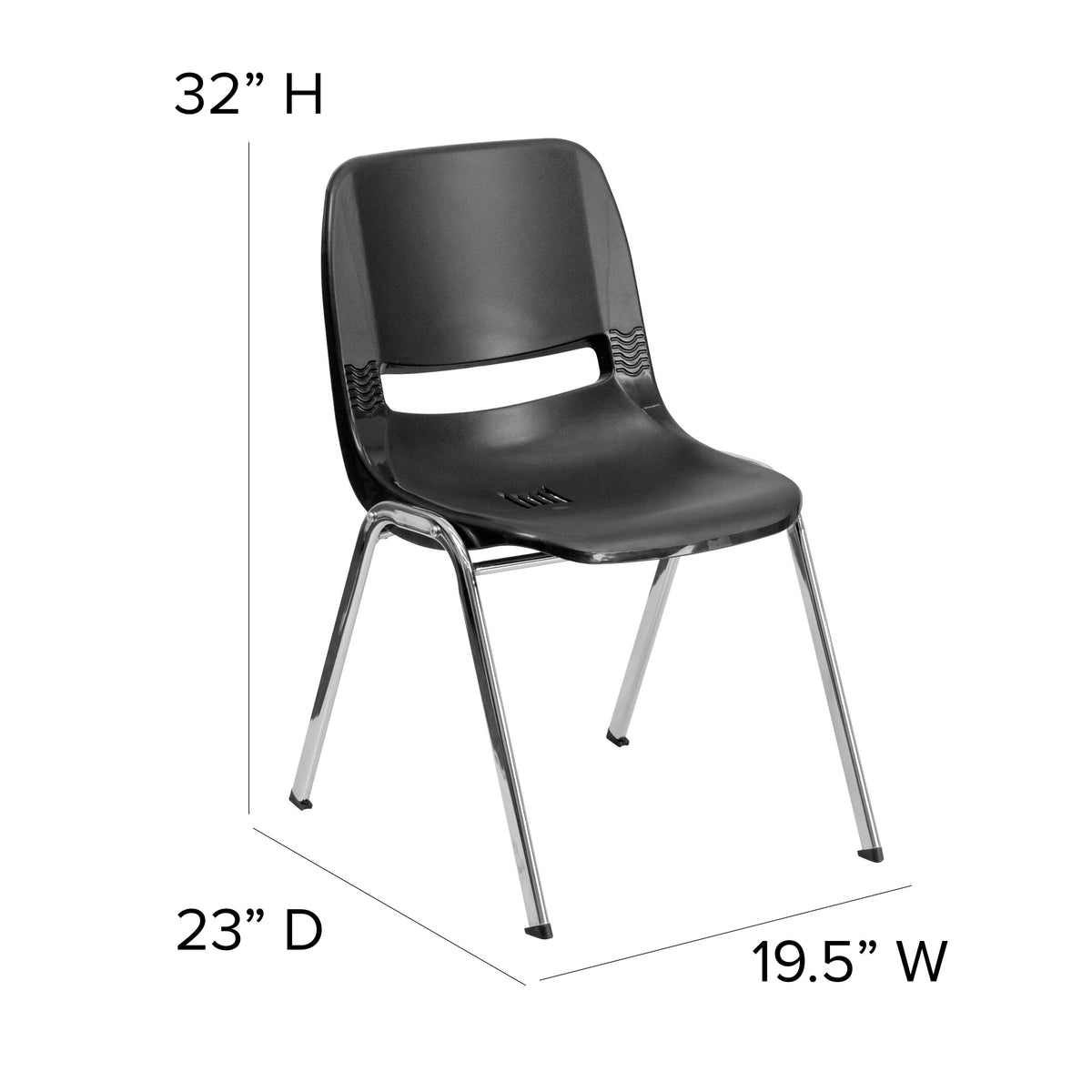 Black Plastic/Chrome Frame |#| 880 lb. Capacity Black Shell Stack Chair with Chrome Frame and 18inch Seat Height