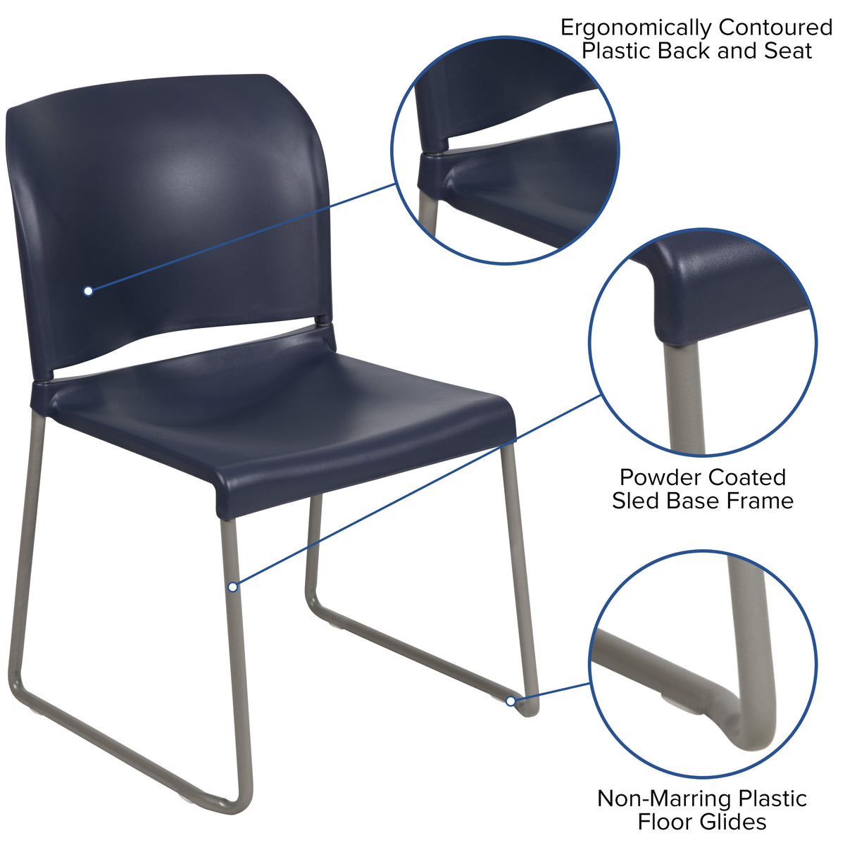 Navy |#| Home and Office Guest Chair Navy Full Back Contoured Sled Base Stack Chair