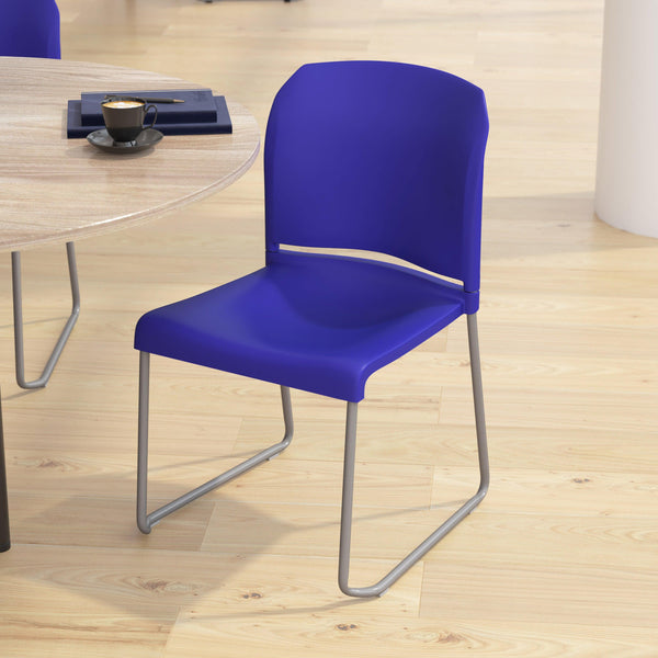 Blue |#| 880 lb. Capacity Blue Full Back Contoured Stack Chair with Sled Base