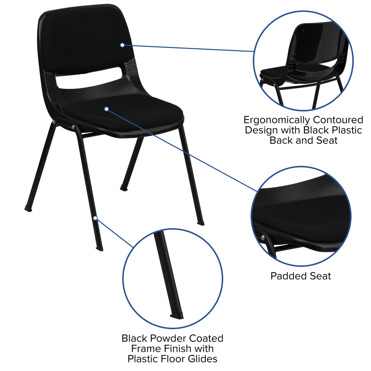 880 lb. Capacity Black Ergonomic Shell Stack Chair with Padded Seat and Back