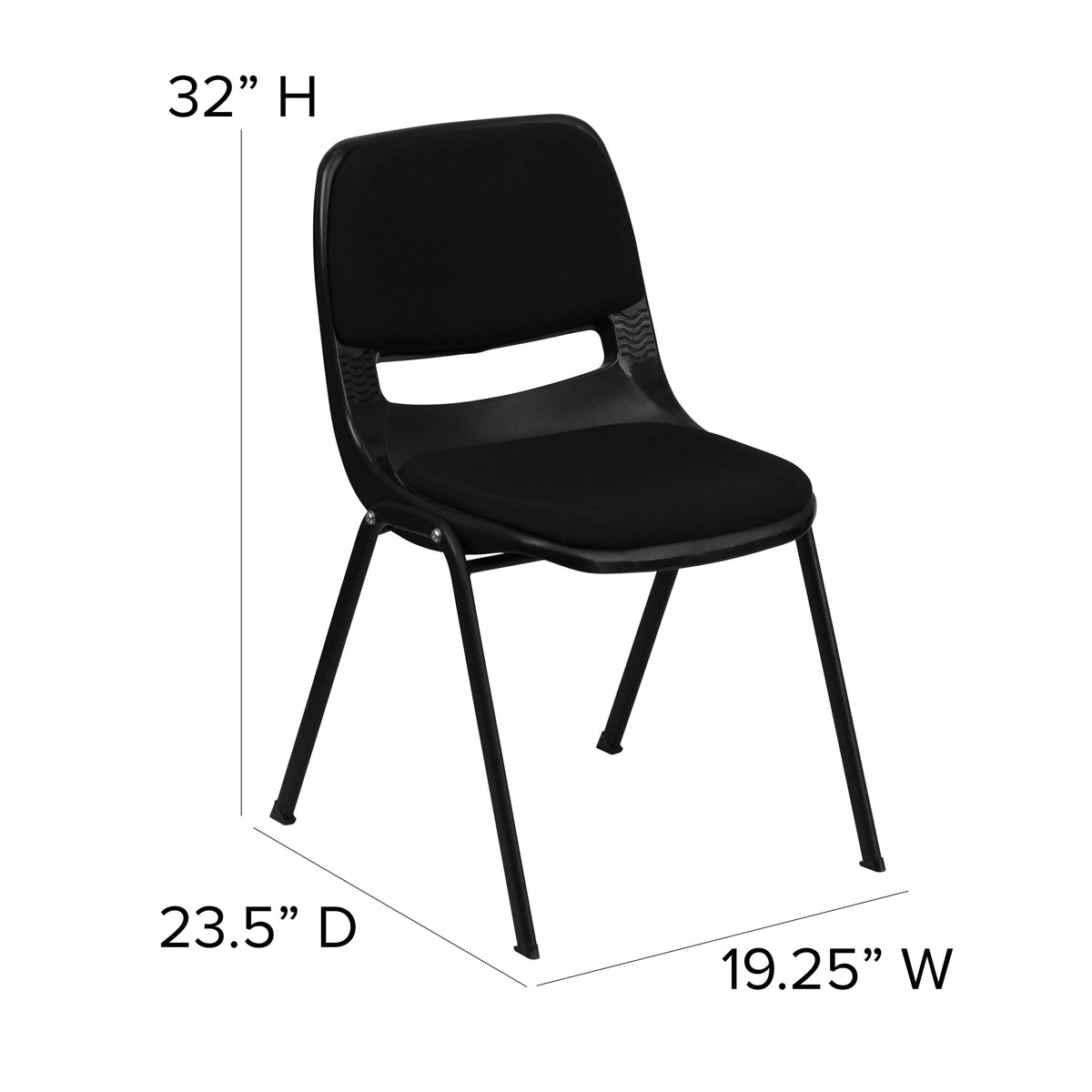 880 lb. Capacity Black Ergonomic Shell Stack Chair with Padded Seat and Back