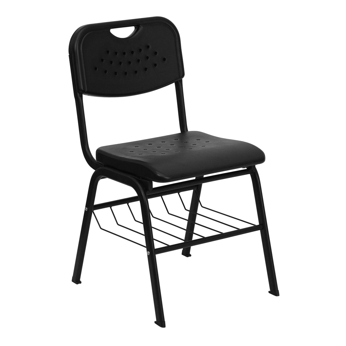 880 lb. Capacity Black Plastic Chair with Black Frame and Book Basket