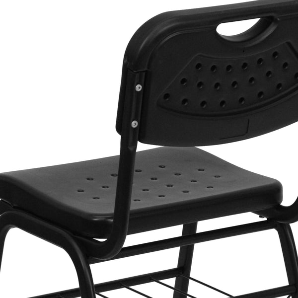 880 lb. Capacity Black Plastic Chair with Black Frame and Book Basket