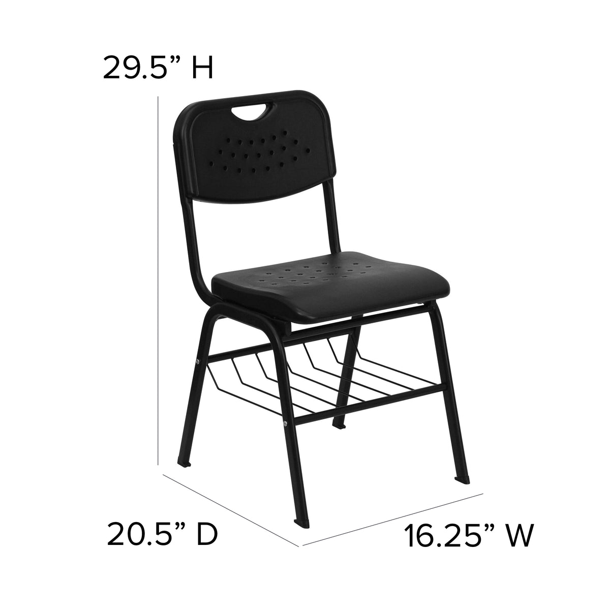 880 lb. Capacity Black Plastic Chair with Black Frame and Book Basket