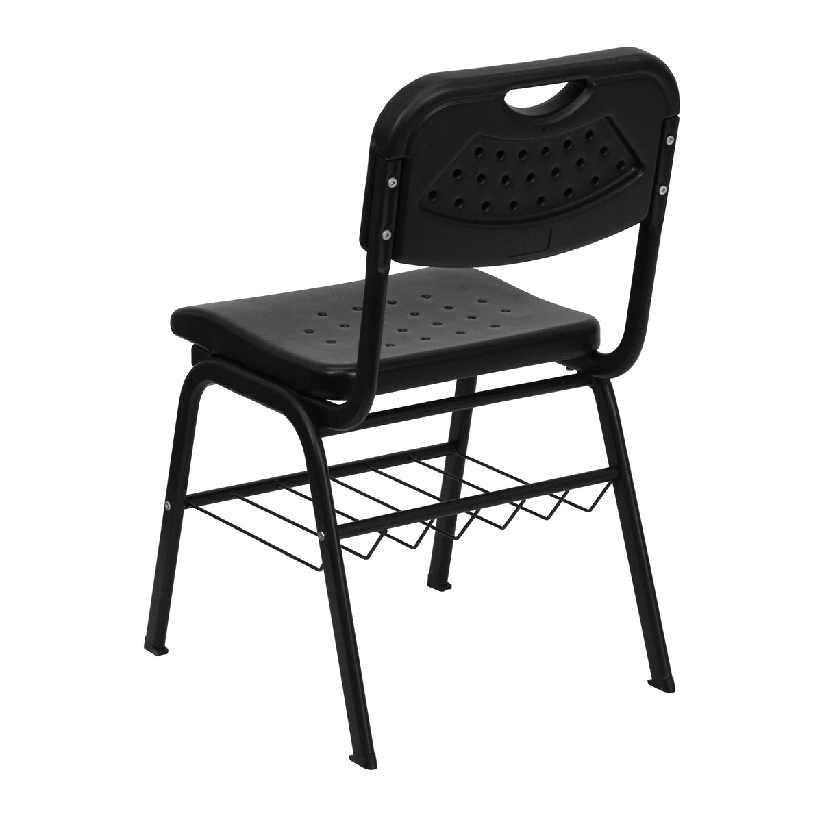 880 lb. Capacity Black Plastic Chair with Black Frame and Book Basket