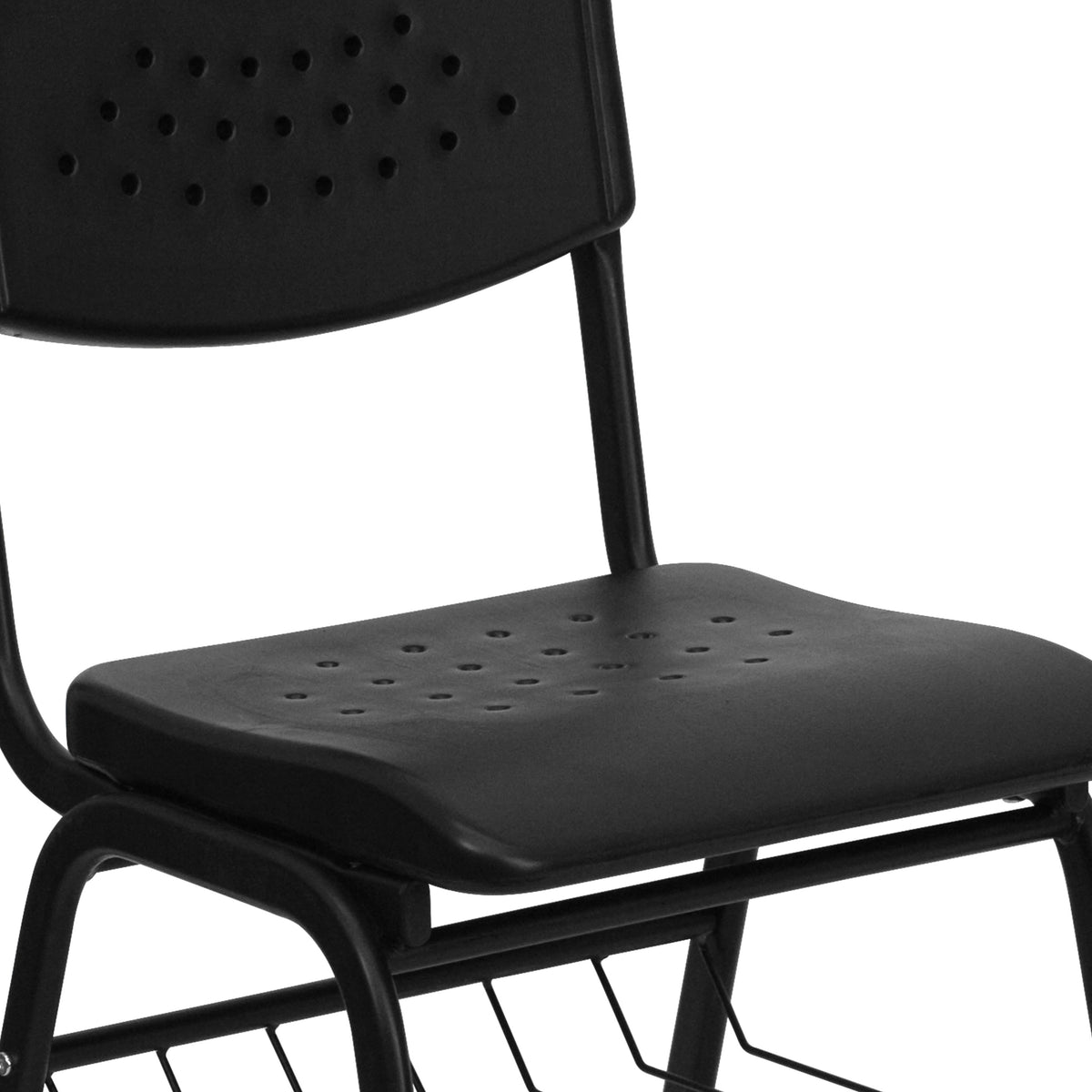 880 lb. Capacity Black Plastic Chair with Black Frame and Book Basket