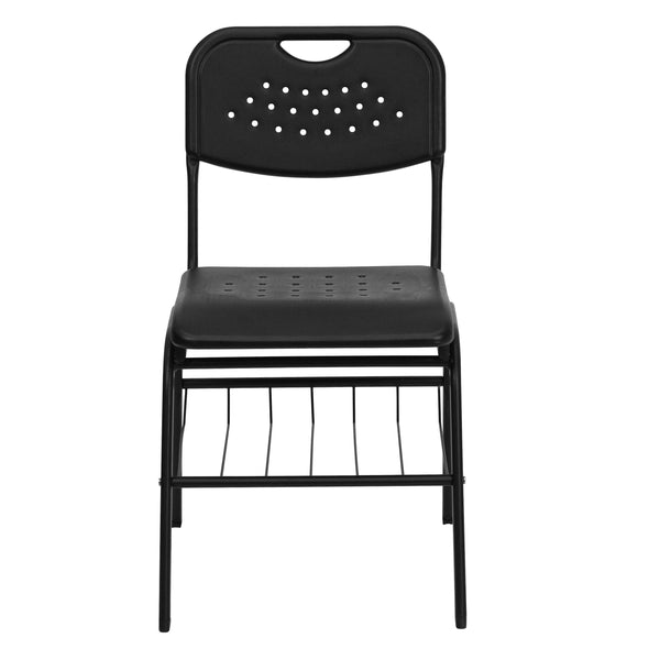 880 lb. Capacity Black Plastic Chair with Black Frame and Book Basket