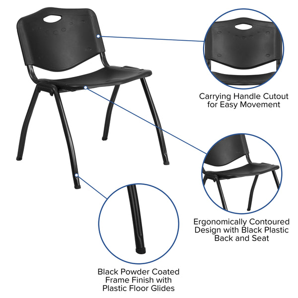 880 lb. Capacity Black Industrial Plastic Stack Chair with Carrying Handle