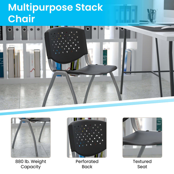 Black |#| 880 lb. Capacity Black Perforated Back Plastic Stack Chair with Gray Frame