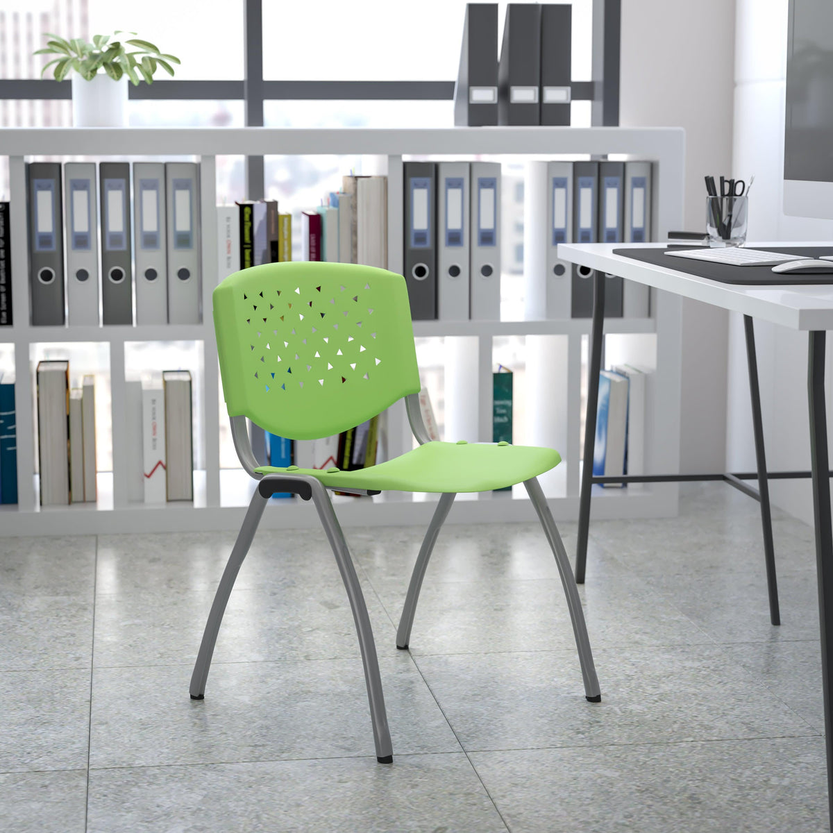 Green |#| 880 lb. Capacity Green Perforated Back Plastic Stack Chair with Gray Frame