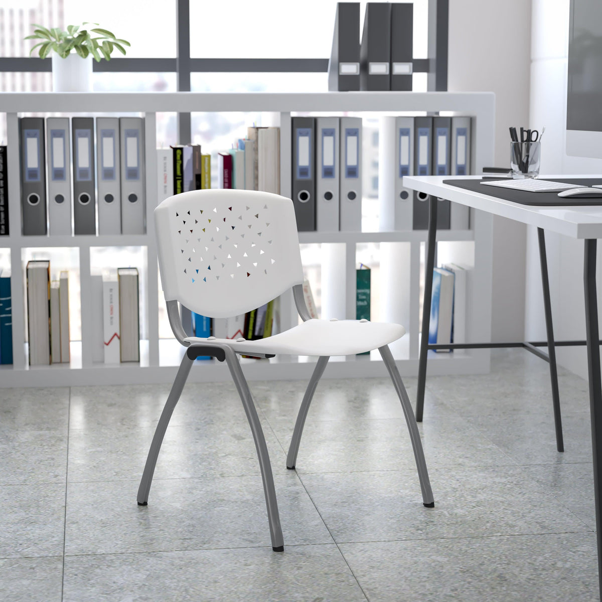 White |#| 880 lb. Capacity White Perforated Back Plastic Stack Chair with Gray Frame