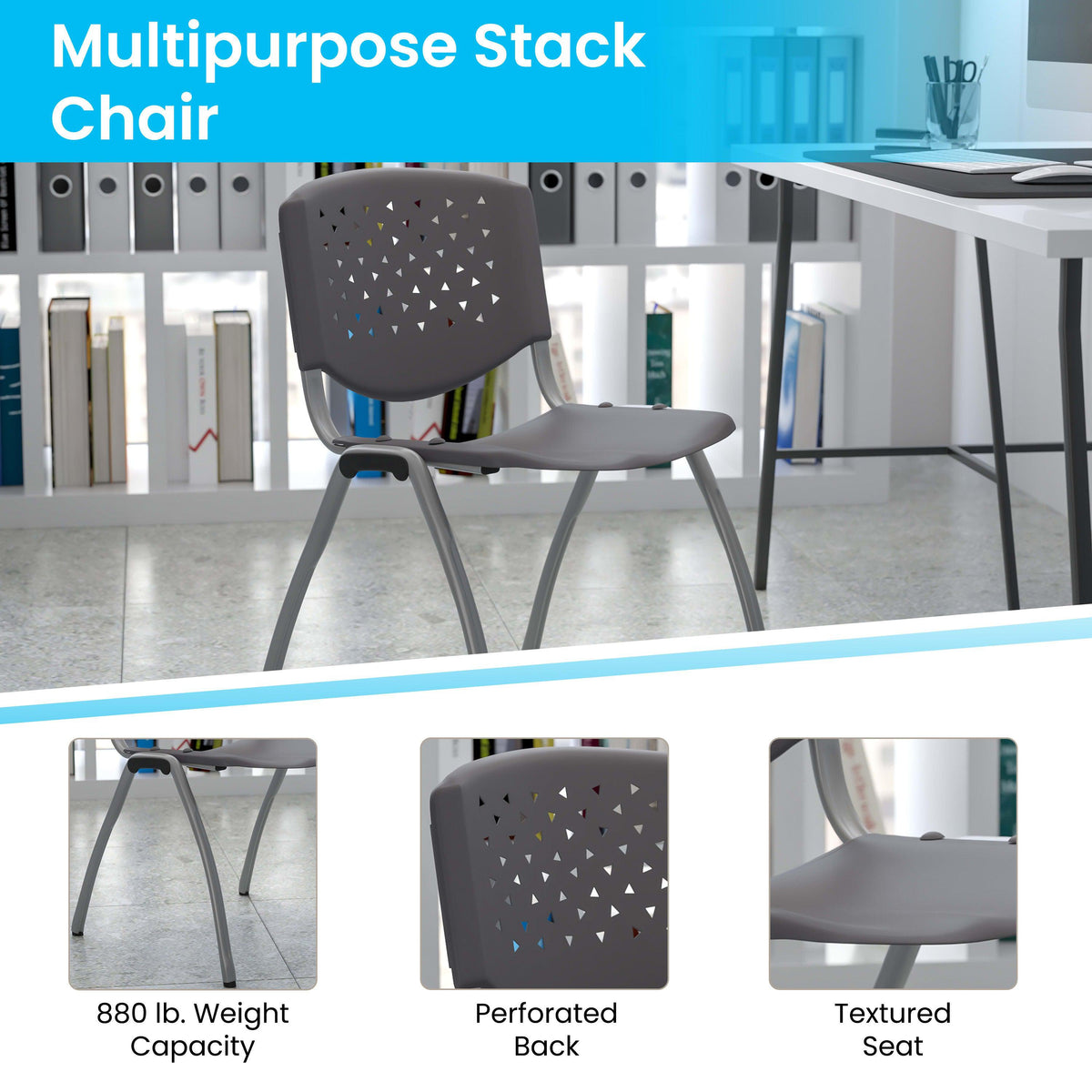 Gray |#| Home and Office Gray Plastic Stack Chair with Perforated Back - Guest Chair