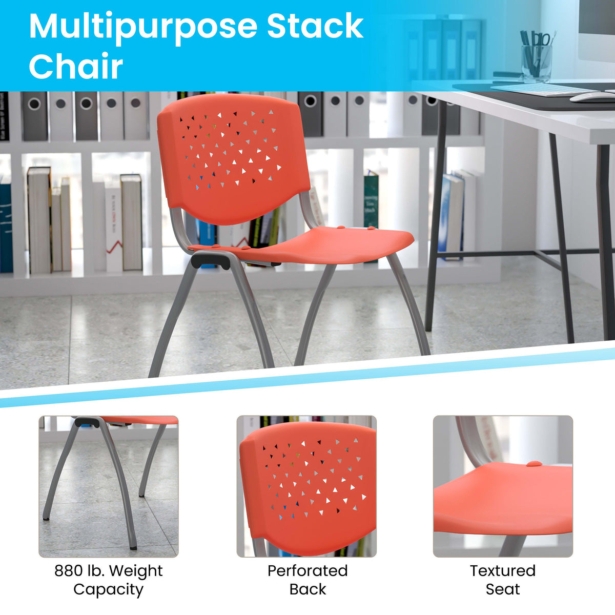 Orange |#| 880 lb. Capacity Orange Perforated Back Plastic Stack Chair with Gray Frame