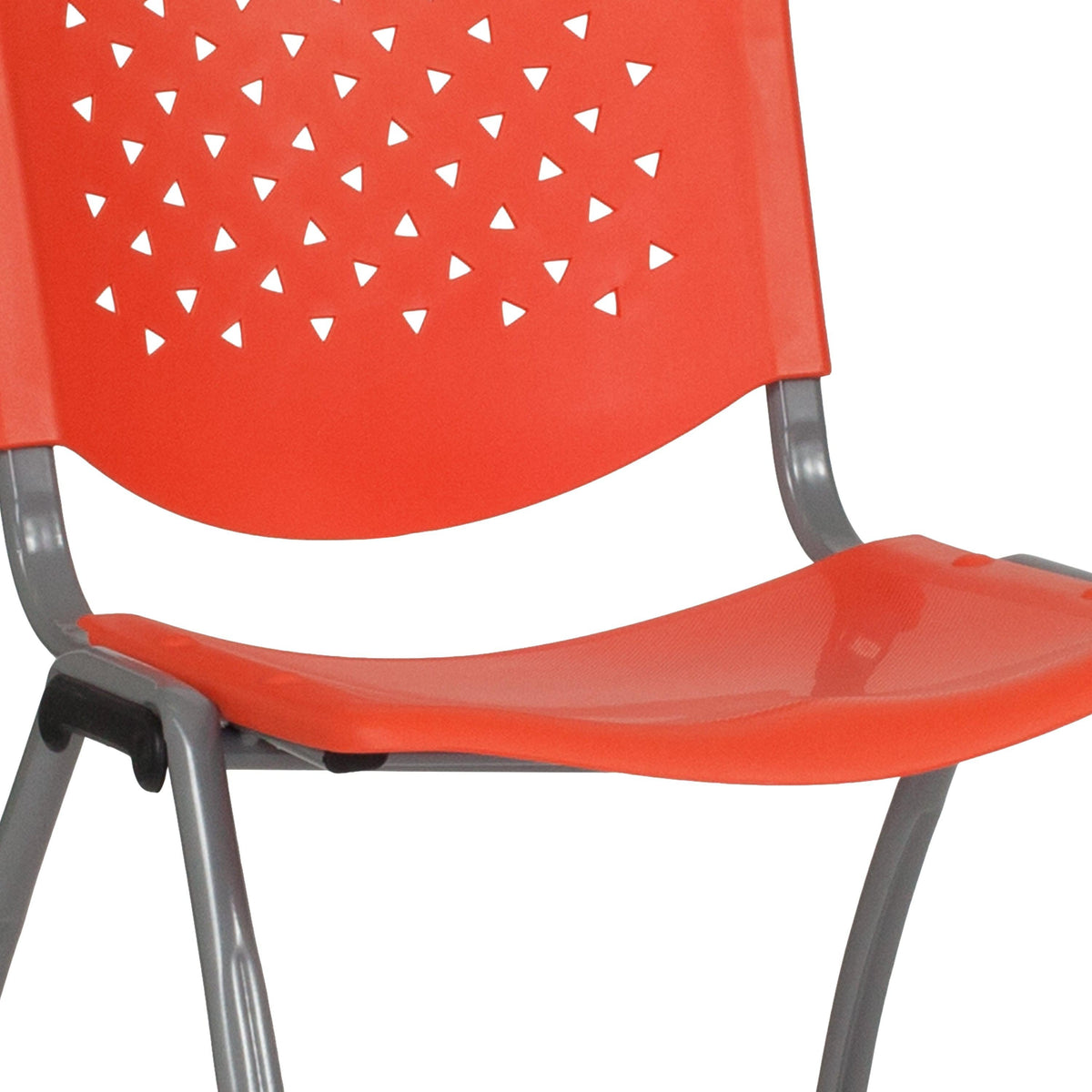 Orange |#| 880 lb. Capacity Orange Perforated Back Plastic Stack Chair with Gray Frame