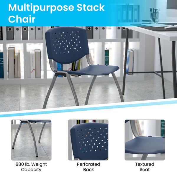 Navy |#| Home and Office Navy Plastic Stack Chair with Perforated Back - Guest Chair