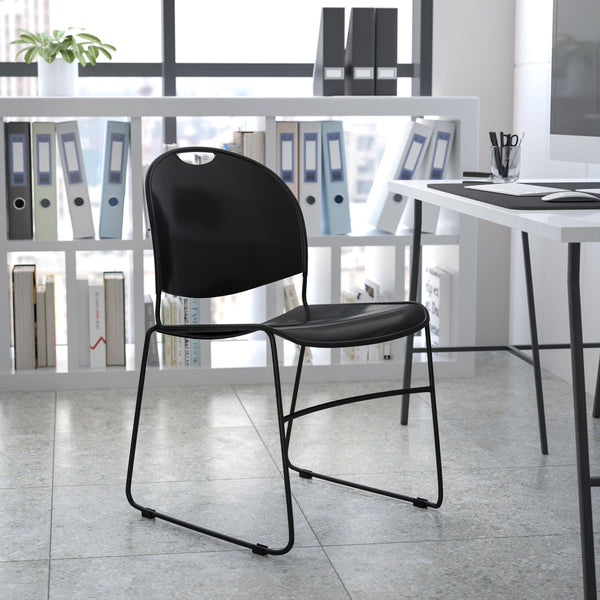 Black Plastic/Black Frame |#| 880 lb. Capacity Black Ultra-Compact Stack Chair with Black Frame