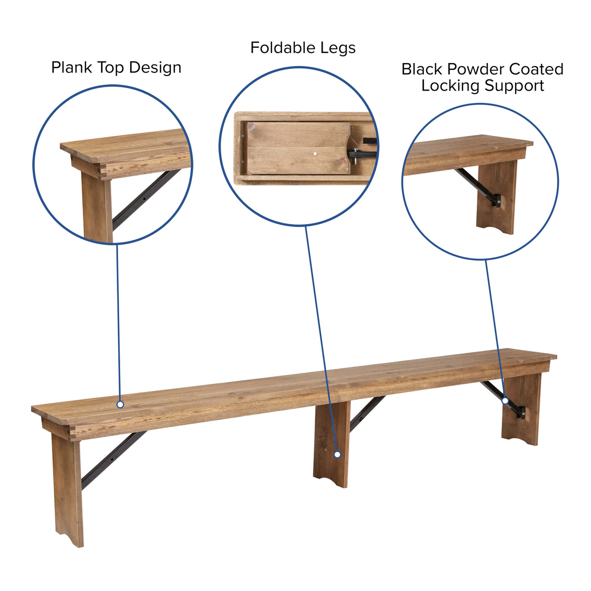 Antique Rustic |#| 8' x 12inch Antique Rustic Solid Pine Folding Farm Bench with 3 Legs