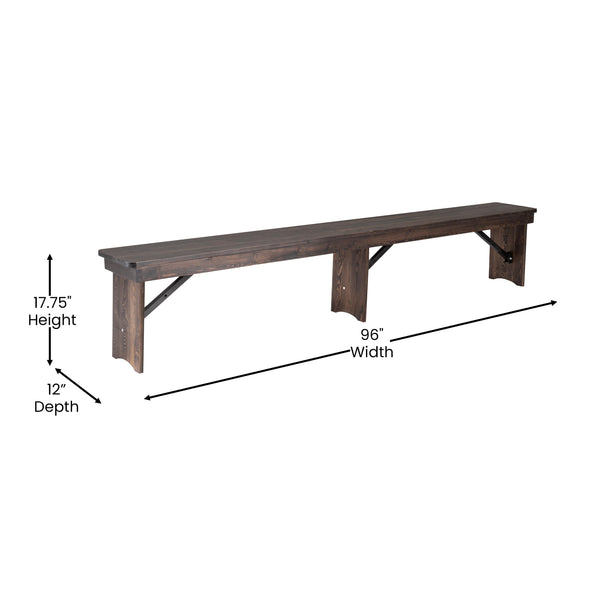 Mahogany |#| 8' x 12inch Solid Pine Folding Farm Bench with 3 Legs in Antique Rustic Mahogany