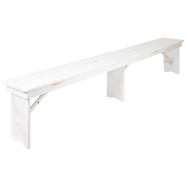 Antique Rustic White |#| 8' x 12" Antique Rustic White Solid Pine Folding Farm Bench - Portable Bench