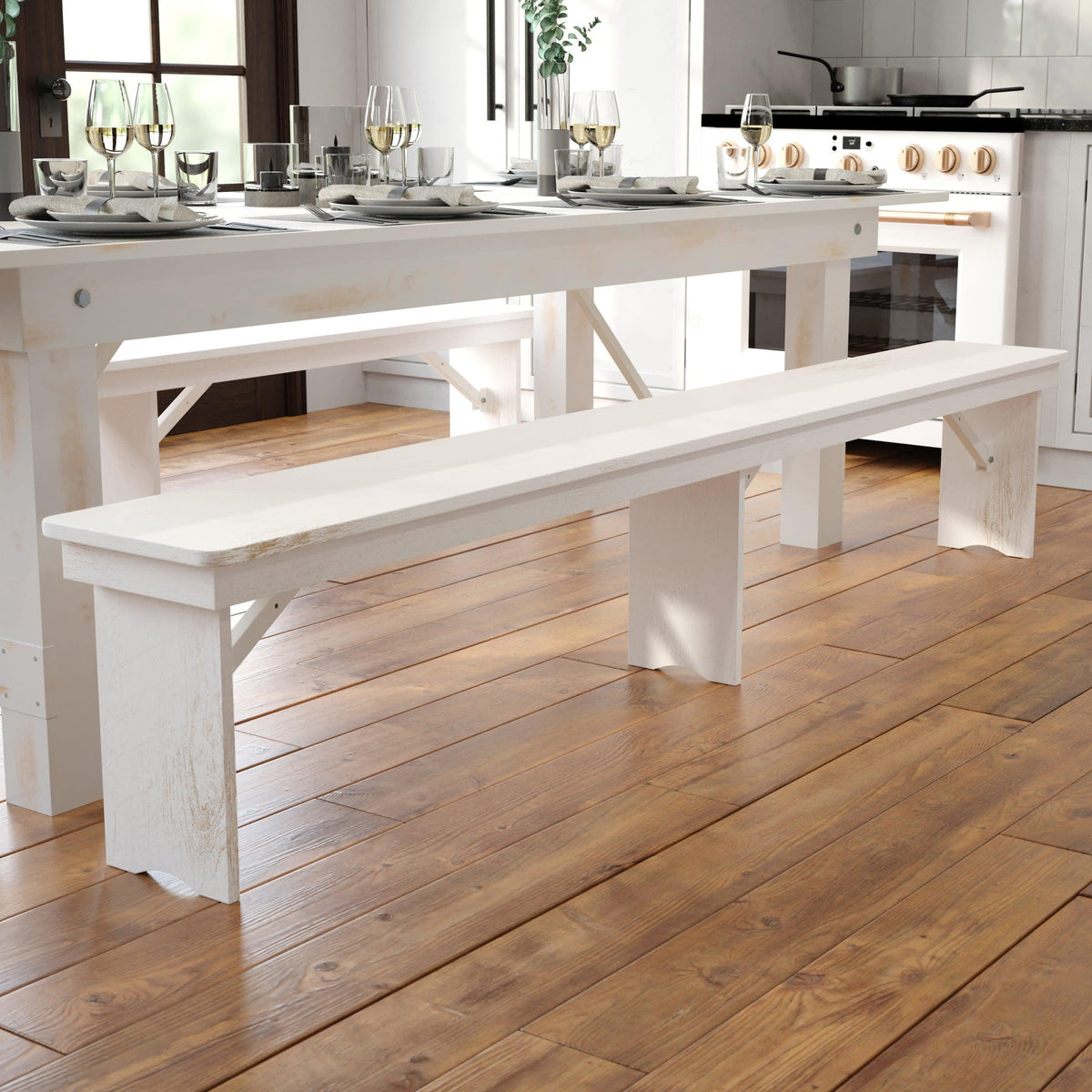 Antique Rustic White |#| 8' x 12" Antique Rustic White Solid Pine Folding Farm Bench - Portable Bench