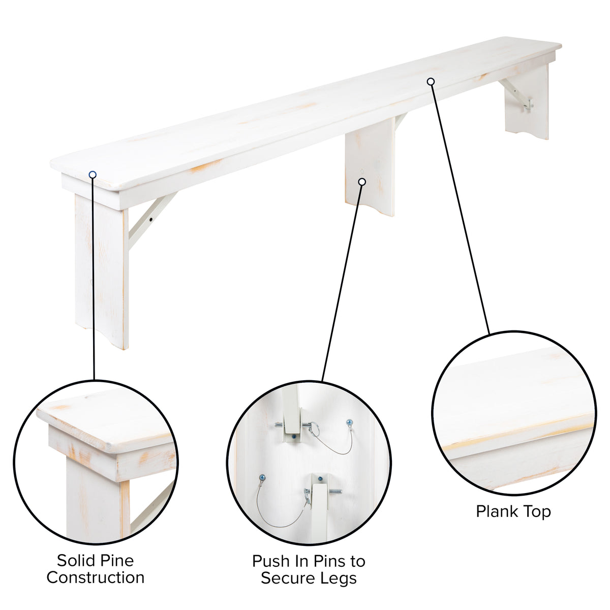 Antique Rustic White |#| 8' x 12" Antique Rustic White Solid Pine Folding Farm Bench - Portable Bench