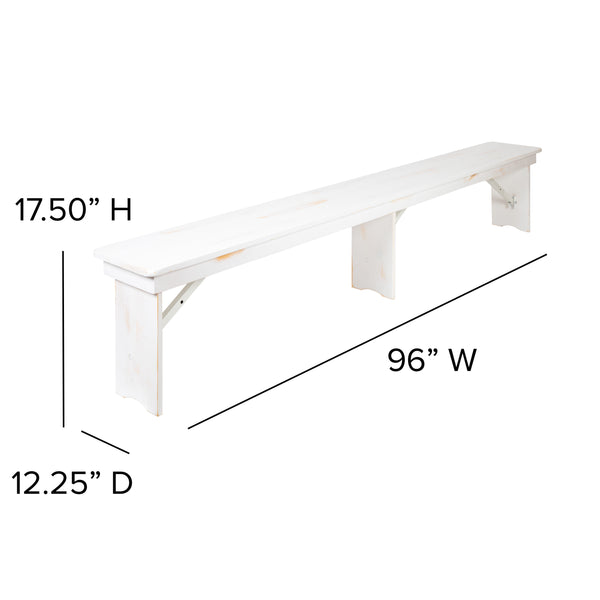 Antique Rustic White |#| 8' x 12" Antique Rustic White Solid Pine Folding Farm Bench - Portable Bench