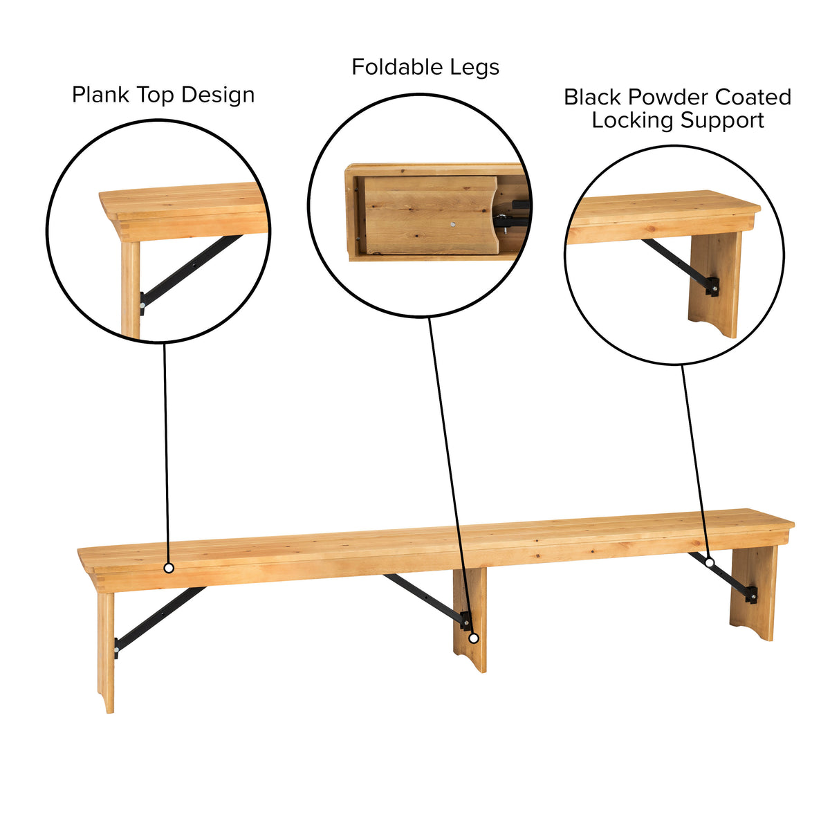 Light Natural |#| 8' x 12" Solid Pine Folding Farm Bench with 3 Legs-Antique Rustic Light Natural