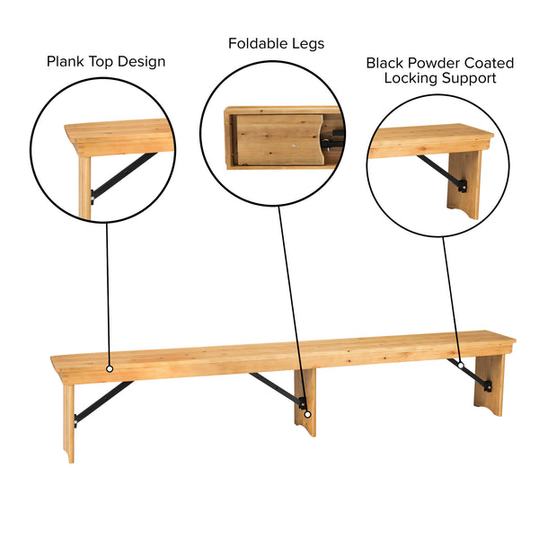 Light Natural |#| 8' x 12" Solid Pine Folding Farm Bench with 3 Legs-Antique Rustic Light Natural