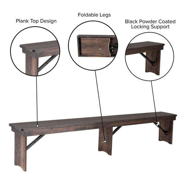 Mahogany |#| 8' x 12" Solid Pine Folding Farm Bench with 3 Legs in Antique Rustic Mahogany