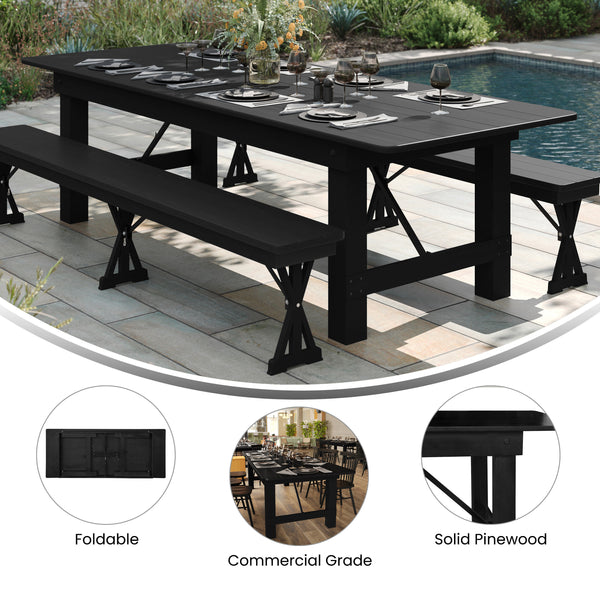 Black Wash |#| 8' x 40" Rectangular Rustic Solid Pine Farmhouse Folding Table in Black Wash