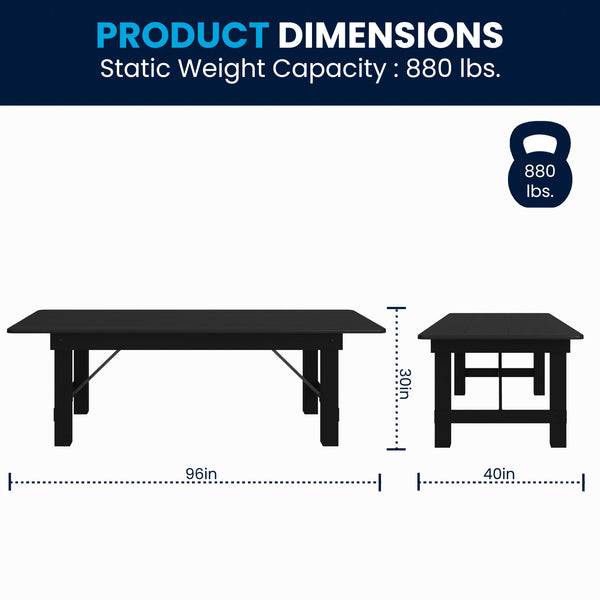 Black Wash |#| 8' x 40" Rectangular Rustic Solid Pine Farmhouse Folding Table in Black Wash
