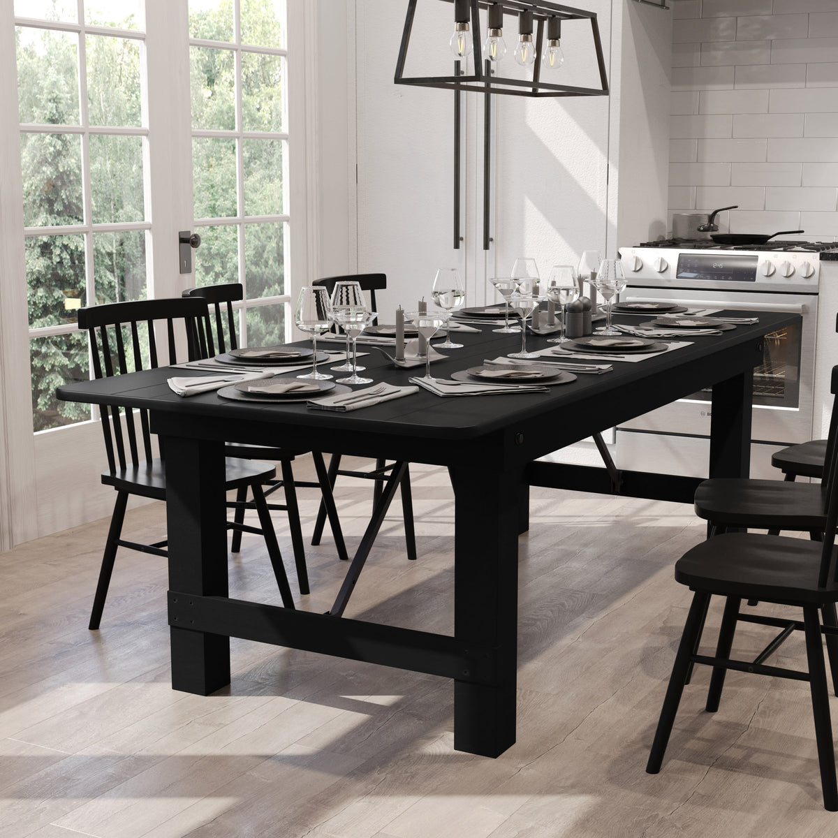 Black Wash |#| 8' x 40" Rectangular Rustic Solid Pine Farmhouse Folding Table in Black Wash