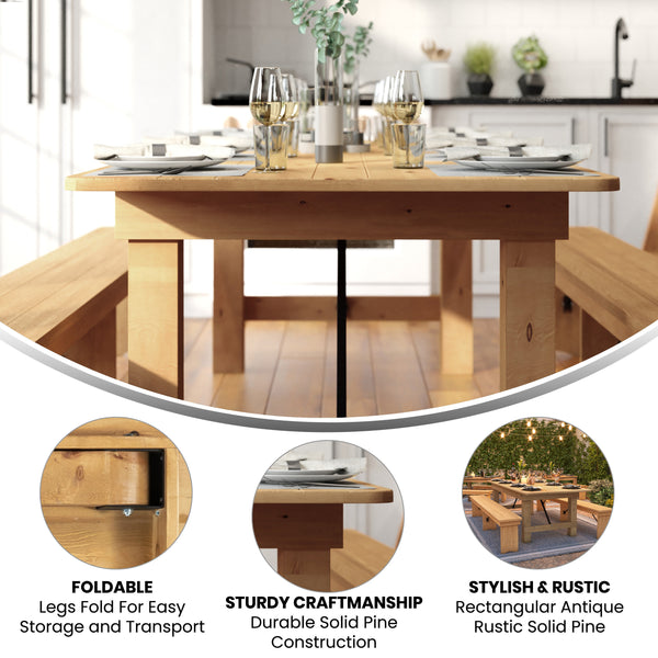 Light Natural |#| 8' x 40" Rectangular Antique Rustic Light Natural Solid Pine Folding Farm Table