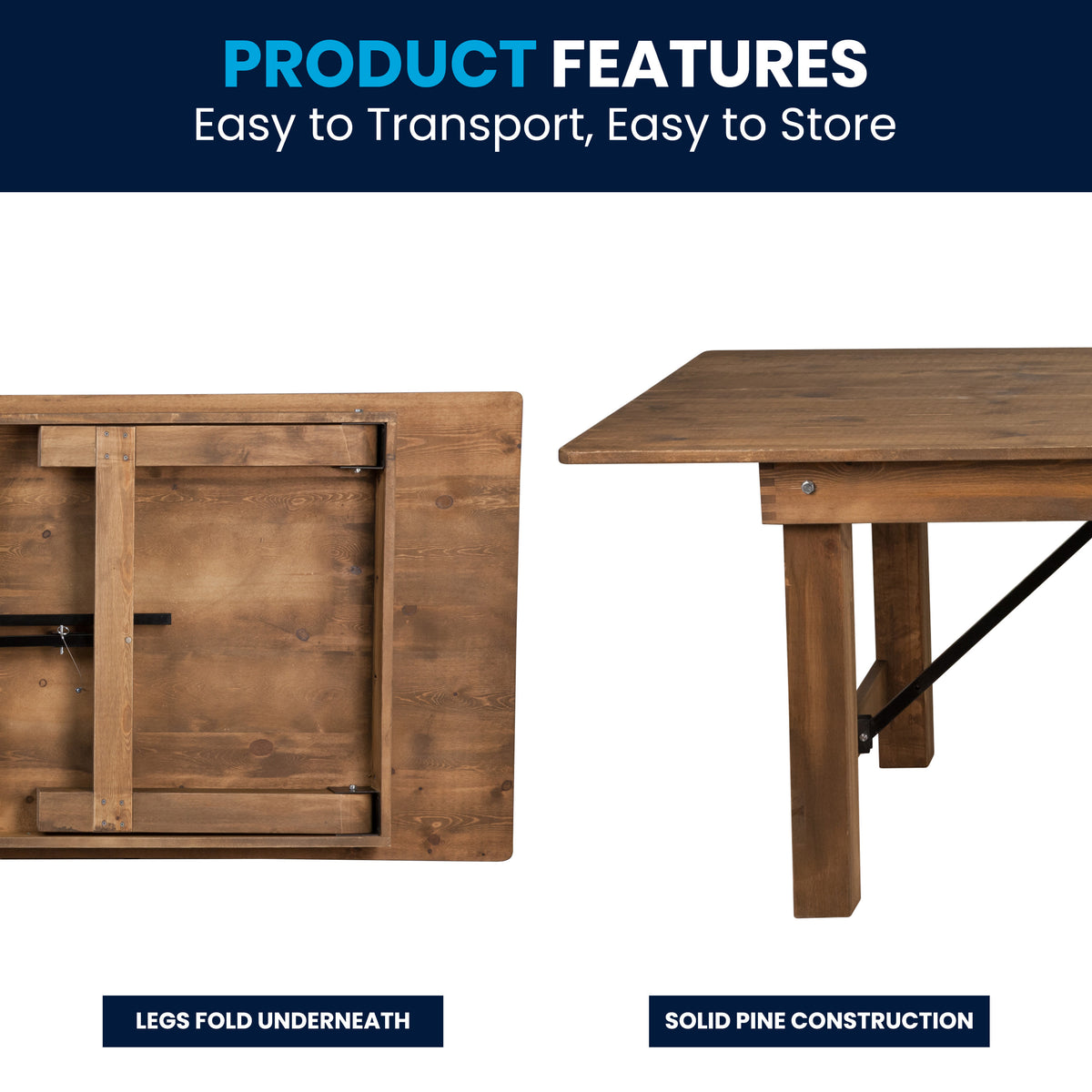 Antique Rustic |#| 8' x 40" Rectangular Antique Rustic Solid Pine Folding Farm Table