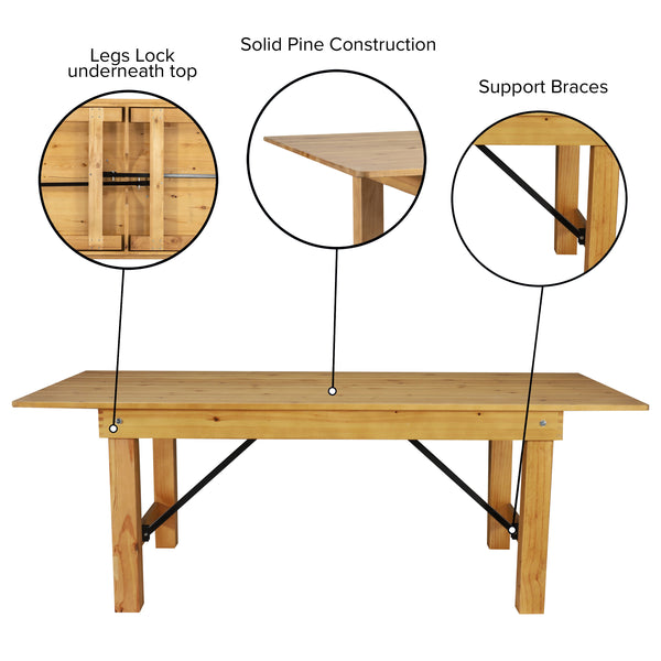 Light Natural |#| 8' x 40" Rectangular Antique Rustic Light Natural Solid Pine Folding Farm Table